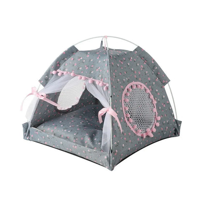 Foldable Princess Pet Tent Bed with Floral Print and Removable Cushion for Cats and Small Dogs.