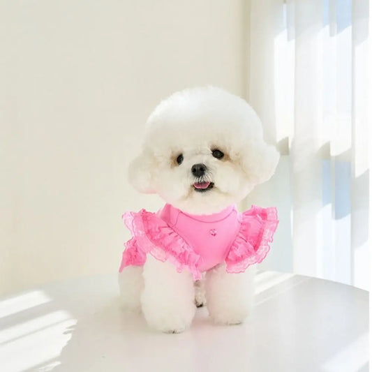 Lace Pet Summer Vest Dress – Soft Breathable Flying Sleeve Outfit for Cats & Dogs, Cute Puppy Base Skirt Clothing.