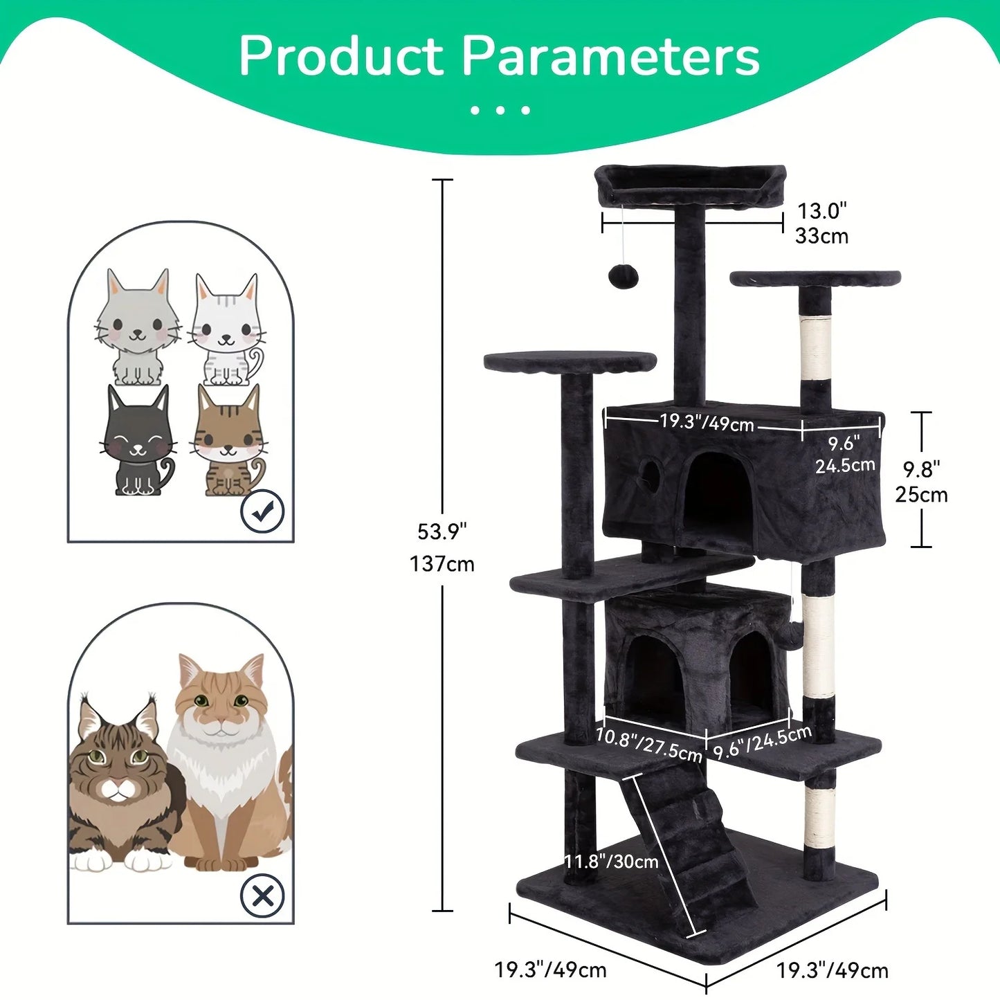 54''/70'' Cat Tree Tower – Multi-Level Cat Activity Center with Scratching Posts, Perches & Cozy House, Perfect Gift for Indoor Cats.