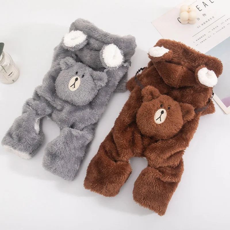 Cute Thickened Fleece Dog Jumpsuit – Warm Autumn & Winter Four-Leg Bear Costume for Small Dogs.