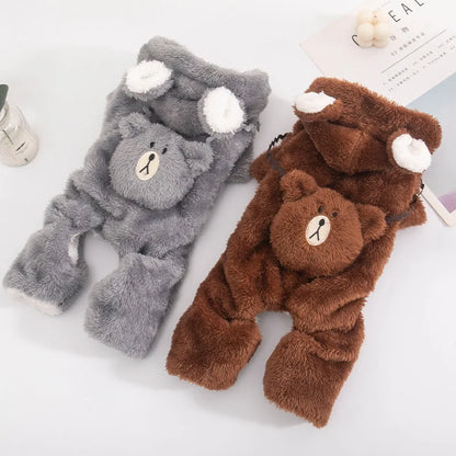Cute Thickened Fleece Dog Jumpsuit – Warm Autumn & Winter Four-Leg Bear Costume for Small Dogs.
