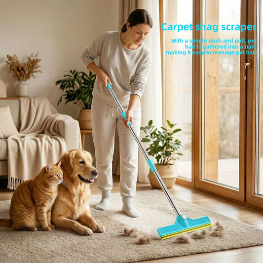 Pet Hair Removal Carpet Rake – Long Handle Rubber Broom & Stainless Steel Fur Remover for Dog and Cat Hair