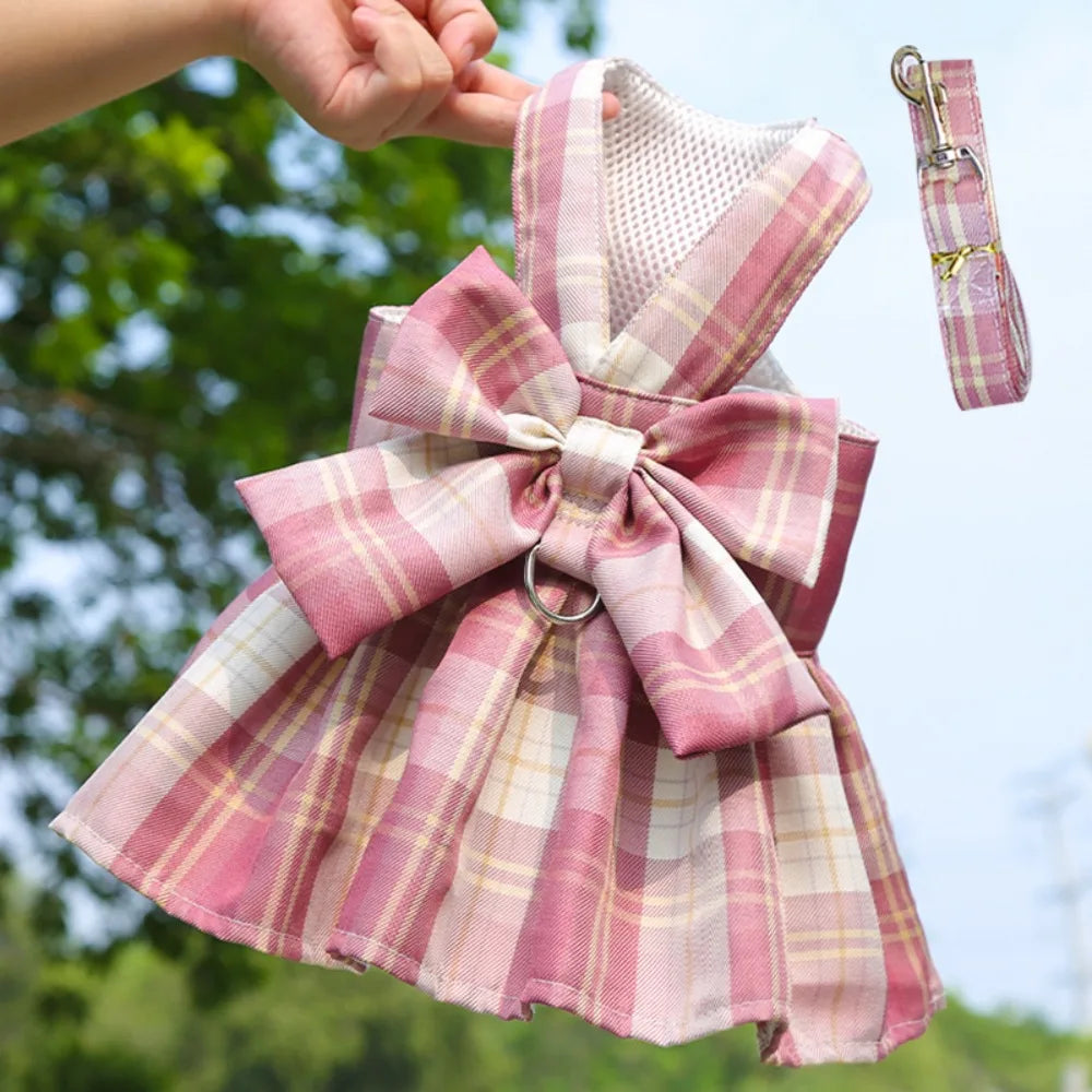 Reusable Plaid Pet Harness Dress – Adjustable Washable Dog Skirt with Leash Attachment, Lightweight Bowknot Design.