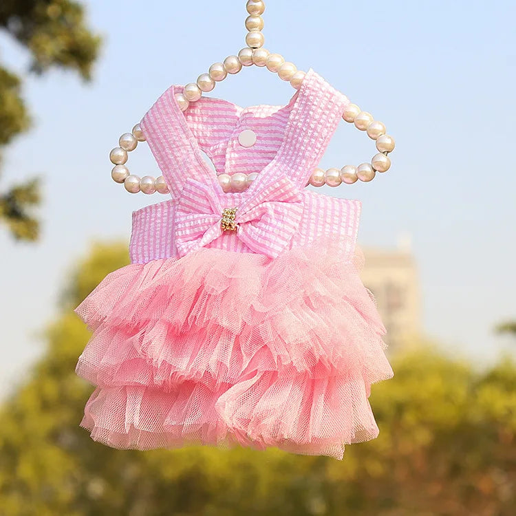 Summer Lace Dress – Cute Striped Princess Skirt Outfit for Dogs & Cats, Lightweight Puppy Fashion Apparel.