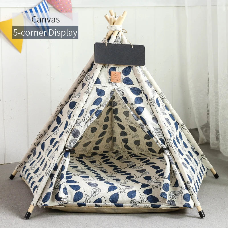 Portable Pet Teepee Tent Bed with Washable Cushion for Cats, Puppies, and Small Dogs.