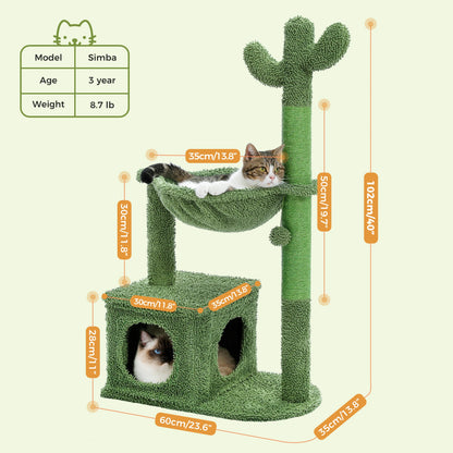 Cactus Cat Tree with Large Condo & Hammock – Small Indoor Cat Tower with Scratching Posts, Dangling Ball Toy & Fun Cat Activity Center.