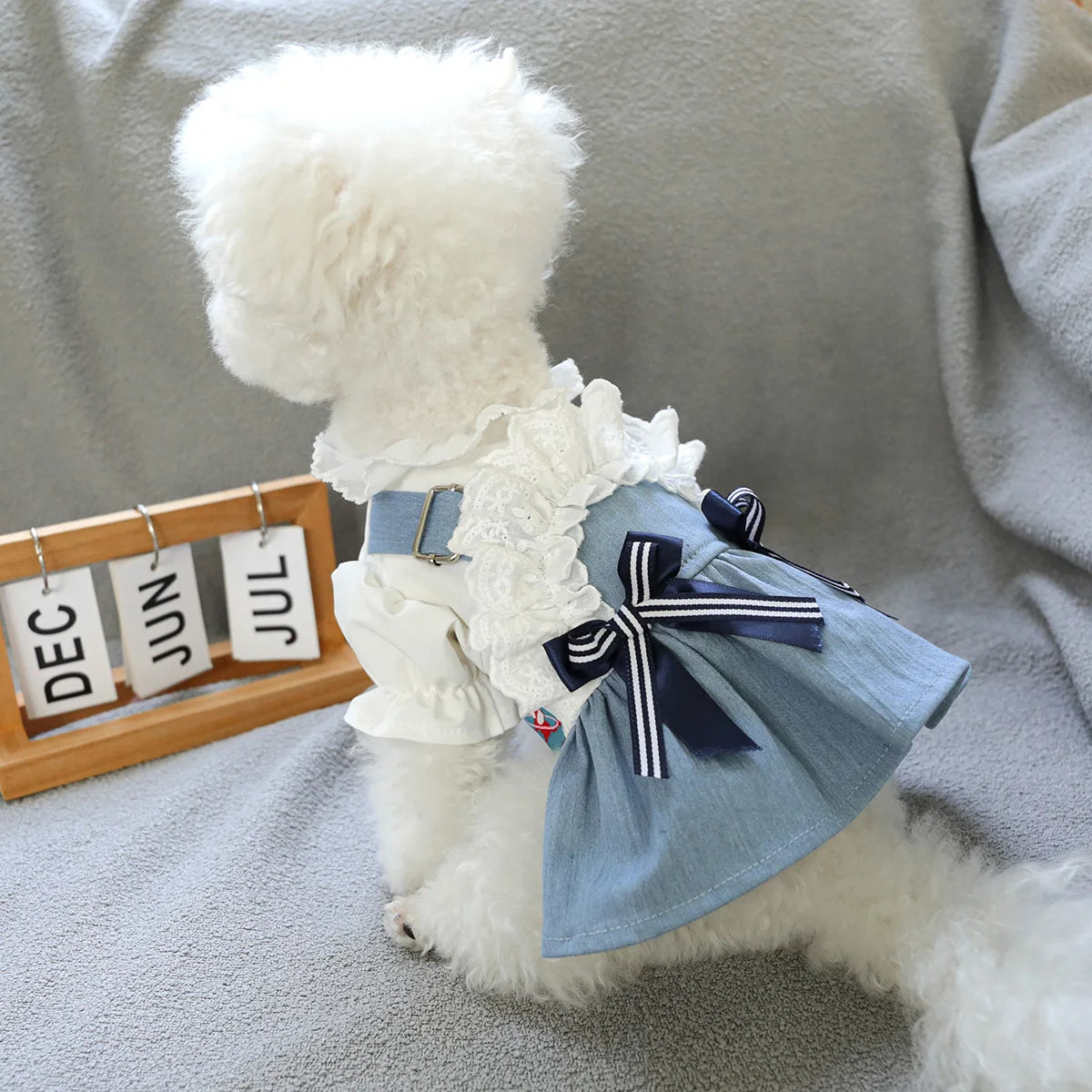 Sea Breeze Denim Pet Dress – Summer Blue Outfit for Dogs & Cats, Lightweight Anti-Hair Loss Fashion Clothing.