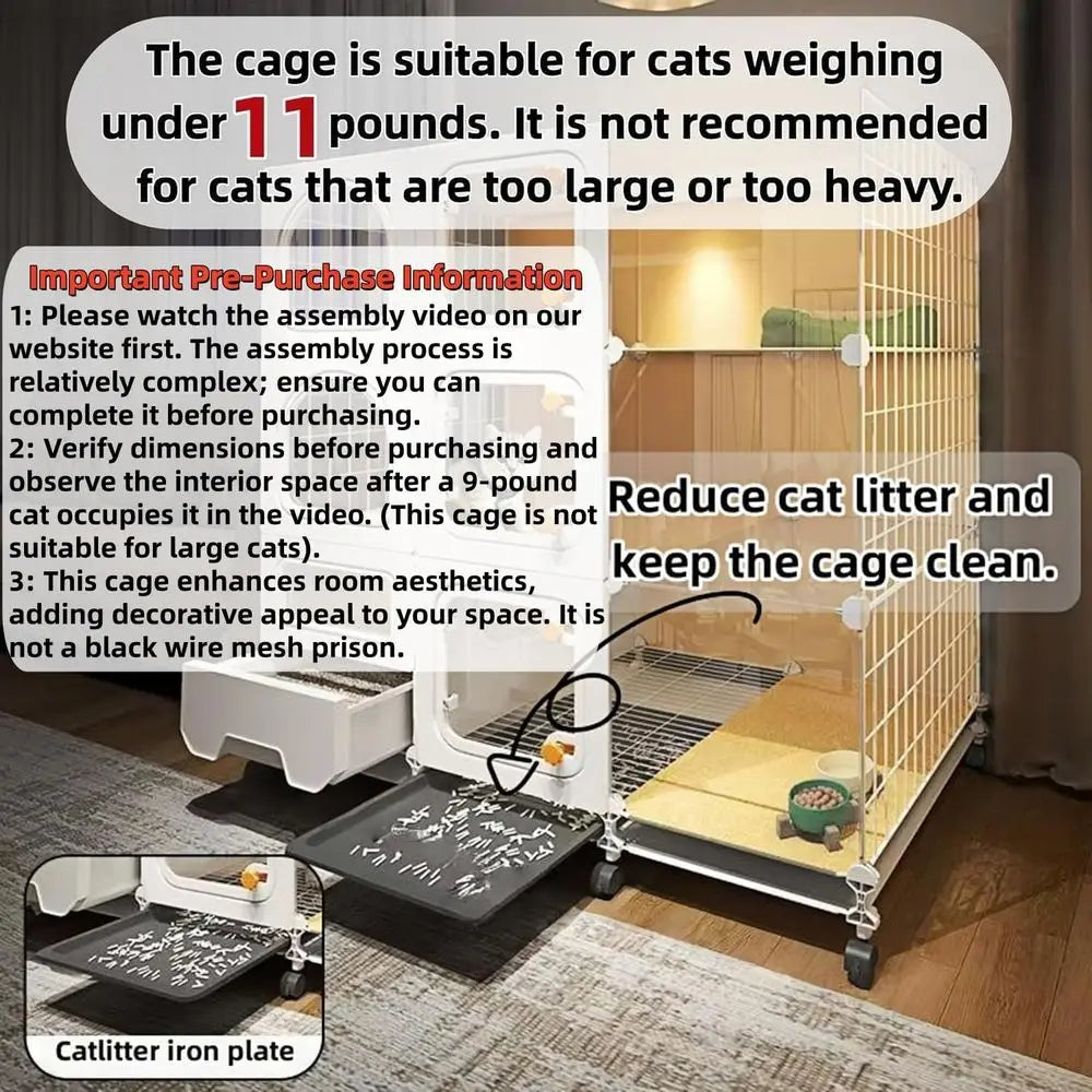 Large Indoor Cat Cage – Multi-Level Cat Enclosure with Litter Box, Bed, Bowl & Cleaning Set, Rolling Cat House with Wheels for Indoor Cats