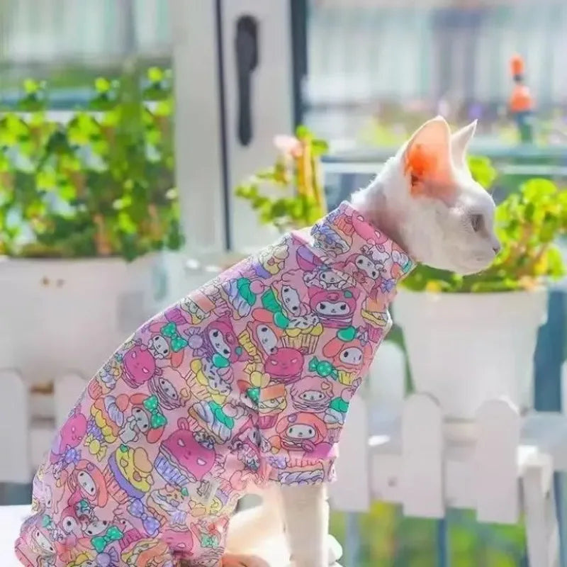 My Melody Pet Shirt – Breathable Cotton Four-Leg Summer T-Shirt for Sphynx & Hairless Cats, Cute Printed Cat Clothing.