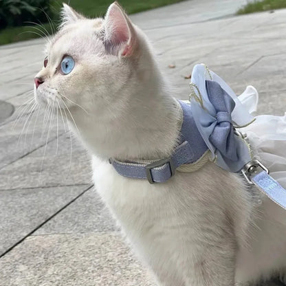 Princess Style Cat Harness & Leash – Breathable Adjustable Nylon Vest with Bowknot, Cute Pet Chest Strap for Walks & Photoshoots.
