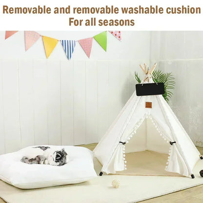 Portable Pet Teepee Tent Bed with Washable Cushion for Cats, Puppies, and Small Dogs.
