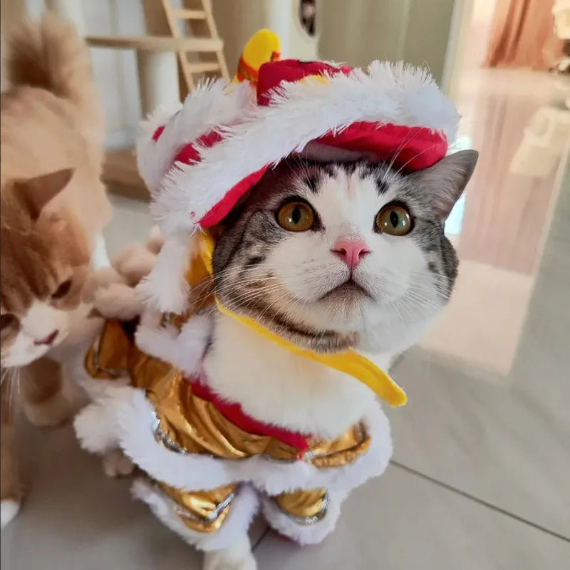 New Year Pet Costume – Chinese Dragon & Lion Dance Cosplay Outfit for Dogs & Cats, Festive Red Lucky Party Clothing for Pets.