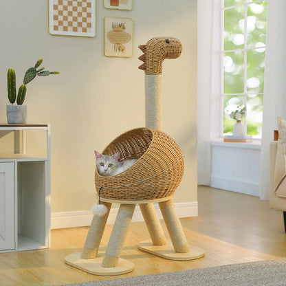 Dinosaur Cat Tree Tower – Large Indoor Cat Condo with Sisal Scratching Posts, Rattan Wicker Bed, Removable Mat & Interactive Cat Toys.