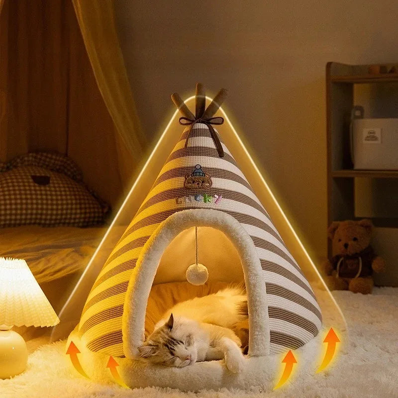 Self-Warming Plush Pet Tent Bed with Removable Washable Cover for Cats and Small Dogs.
