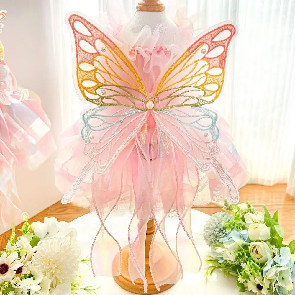 Colorful Butterfly Princess Pet Dress – Breathable Soft Wedding Skirt Outfit for Dogs & Cats, Cute Clothing for Special Occasions.