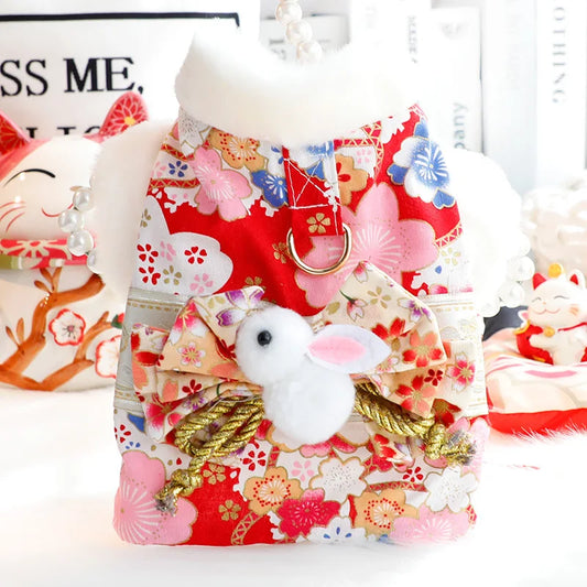 Princess Cherry Blossom Kimono Dress for Dogs & Cats – Romantic Cotton-Padded Pet Outfit for Small Dogs, Teddy Breeds & Cats.