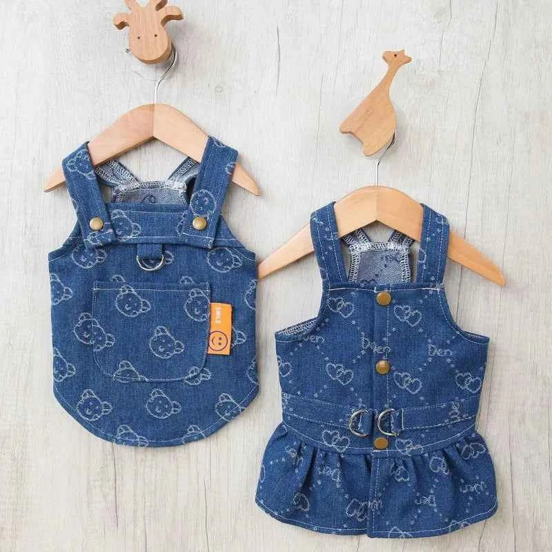 Small Dogs Clothes Designer Luxury Puppy Summer Clothes Girls Cat Dresses,Love Jeans Harness Vest Denim Dress One Piece S-XXL