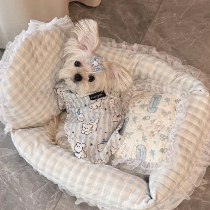Cute Puppy Print Dog Sleepwear – Breathable Short Sleeve Home Clothes for Dogs & Cats, Soft Indoor Wear in Blue & Pink Options