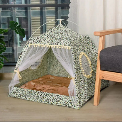 Floral Semi-Enclosed Pet Tent Bed for Cats and Small Dogs, Cozy All-Season Sleeping Nest.