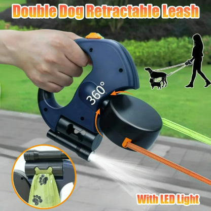 Auto Retractable Double Dog Leash – 3M Dual Traction Rope with LED Flashlight, Waste Bag Holder & 360° Tangle-Free Design for Pets.