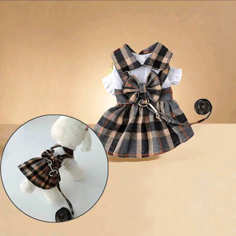Cute Plaid Dog Dress – Bowknot Back Outfit with Adjustable Leash, Lightweight Spring & Summer Clothing for Dogs.