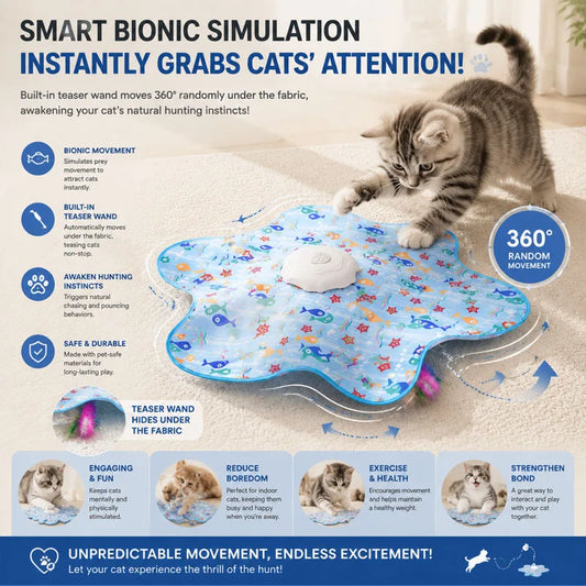 Smart Hide & Seek Cat Toy – Electric Motion-Sensing Interactive Toy with Mouse Sounds, Touch Activation & Feather Teaser for Indoor Cats.