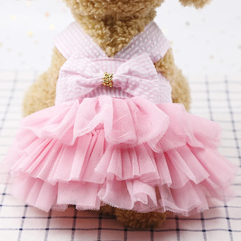 Summer Lace Dress – Cute Striped Princess Skirt Outfit for Dogs & Cats, Lightweight Puppy Fashion Apparel.