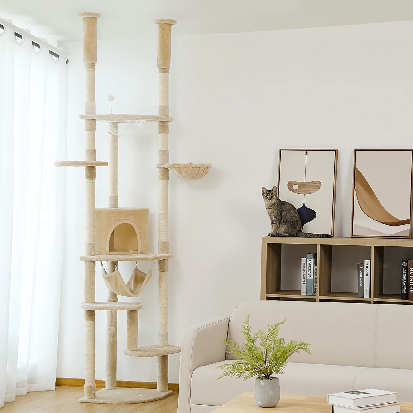 Adjustable Floor-to-Ceiling Cat Tree Tower (236–258cm) – Indoor Cat Condo with Natural Scratching Posts, Acrylic Perch, Hammock Beds & Cozy Cave.