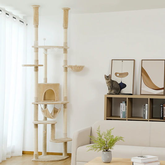 Adjustable Floor-to-Ceiling Cat Tree Tower (236–258cm) – Indoor Cat Condo with Natural Scratching Posts, Acrylic Perch, Hammock Beds & Cozy Cave.