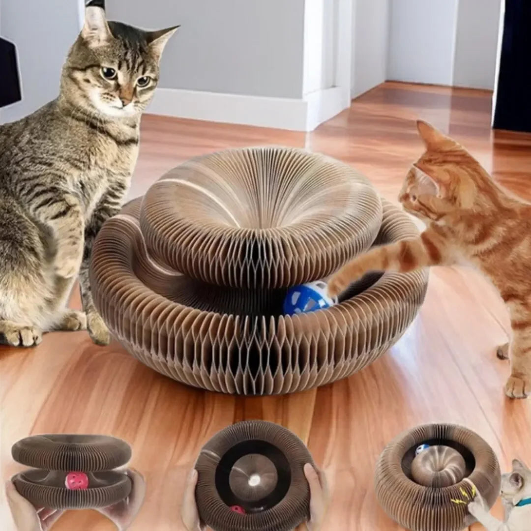 Magic Cat Scratching Board Toy – Round Corrugated Cat Scratcher with Ball Track for Claw Grinding, Play & Kitten Exercise.