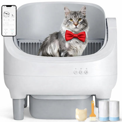 Automatic Self-Cleaning Cat Litter Box – App-Controlled Open-Top Design with Safety Sensors and Customizable Features.