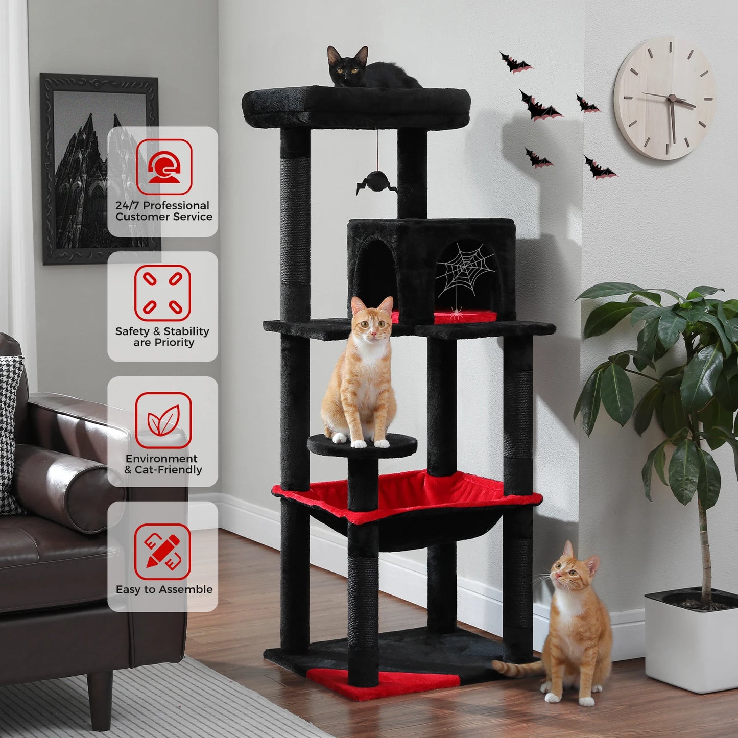 Gothic Cat Tree for Indoor Cats – Tall Multi-Level Cat Tower with Super Large Hammock, Cozy Condo, Top Perch & Sisal Scratching Posts.