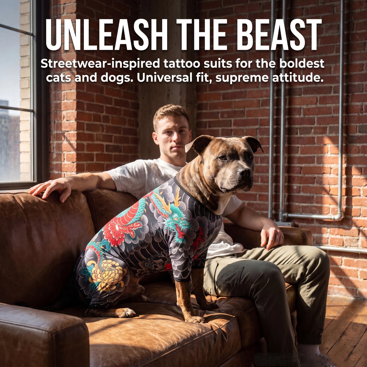 Streetwear Pet Tattoo Bodysuit – 4-Way Stretch Full-Body Costume for Small to Large Dogs & Cats (S–10XL).