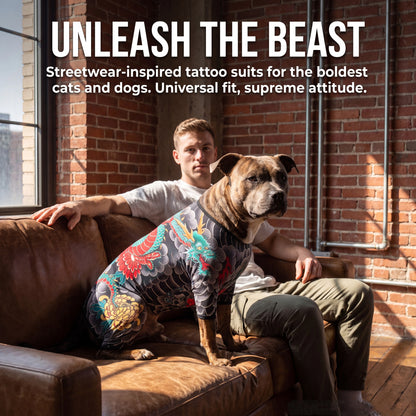 Streetwear Pet Tattoo Bodysuit – 4-Way Stretch Full-Body Costume for Small to Large Dogs & Cats (S–10XL).