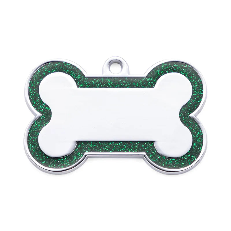 Custom Double-Sided Pet ID Tag – Glitter Name Pendant for Dogs, Anti-Lost Bone-Shaped Collar Accessory.