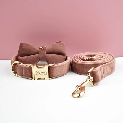 Velvet Dog Collar & Leash Set – Free Custom Engraving for Medium & Large Dogs, Stylish Pet Necklace Collar Accessory.