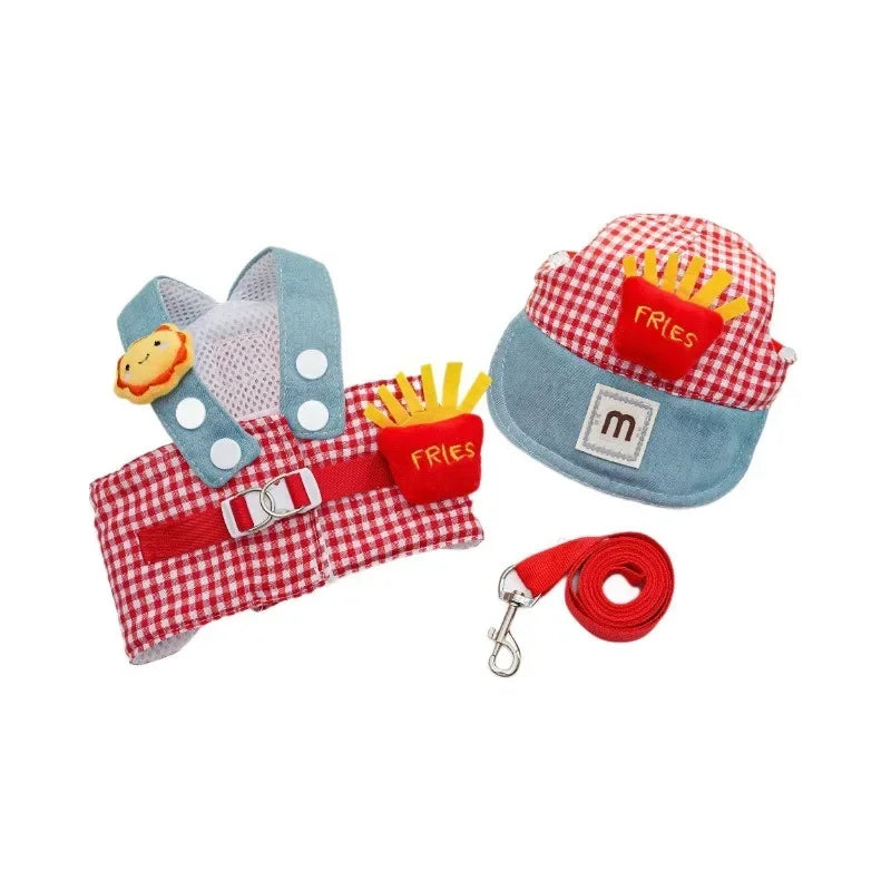 French Fries Pet Harness Set – Cute 3-Piece Outfit with Harness, Leash & Hat, Puppy Walking Traction Gear for Outdoor Use.