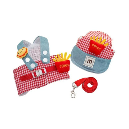French Fries Pet Harness Set – Cute 3-Piece Outfit with Harness, Leash & Hat, Puppy Walking Traction Gear for Outdoor Use.