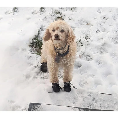 4PCS Waterproof Dog Boots – Non-Slip Sole with Reflective Strips, Adjustable Drawstring & Soft Breathable Lining for Small Dogs.