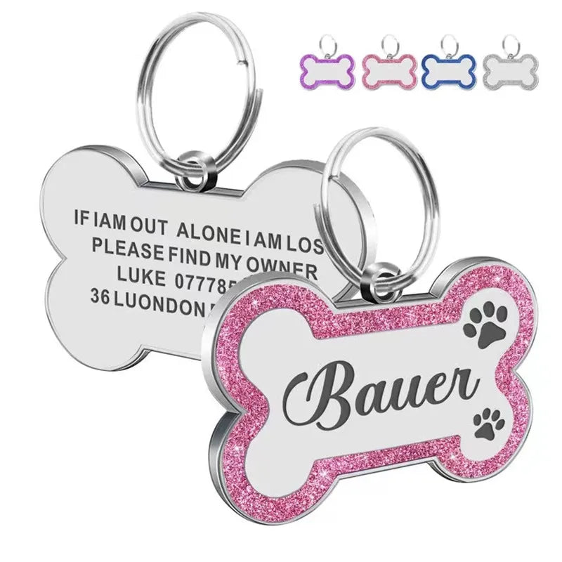 Custom Double-Sided Pet ID Tag – Glitter Name Pendant for Dogs, Anti-Lost Bone-Shaped Collar Accessory.