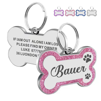 Custom Double-Sided Pet ID Tag – Glitter Name Pendant for Dogs, Anti-Lost Bone-Shaped Collar Accessory.