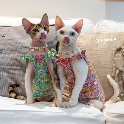Luxury Sphynx Cat Dress – Sleeveless Cotton Princess Skirt for Devon Rex & Sphynx Cats, Sweet Spring & Summer Pet Outfit.