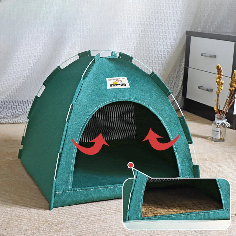Foldable Pet House Tent – Portable Four-Season Cat & Dog Nest with Breathable Design and Cooling Mat for Indoor & Outdoor Use.