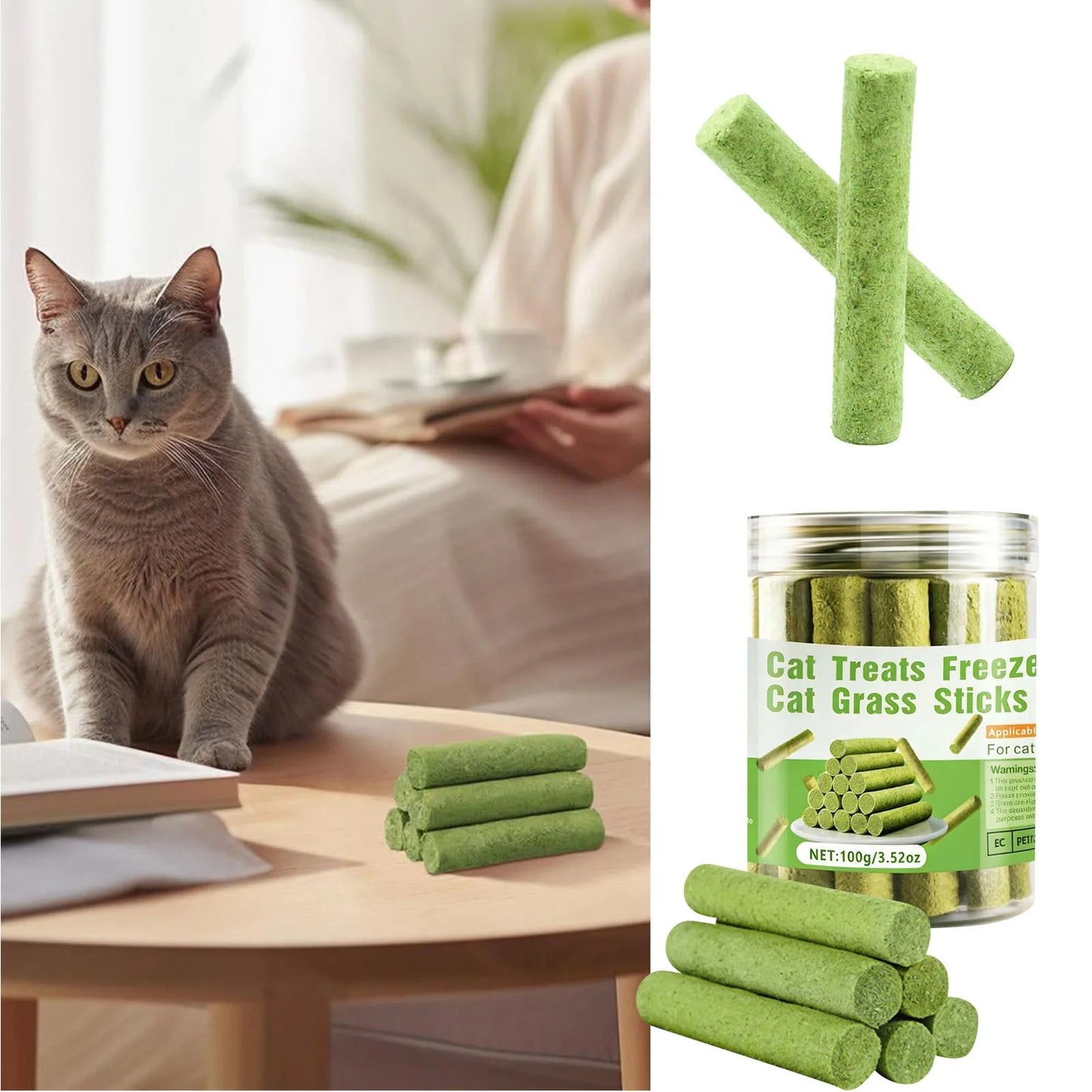 16-Pack Freeze-Dried Cat Grass Sticks, Natural Teething Chews for Hairball Control, Dental Cleaning & Healthy Cat Treats.