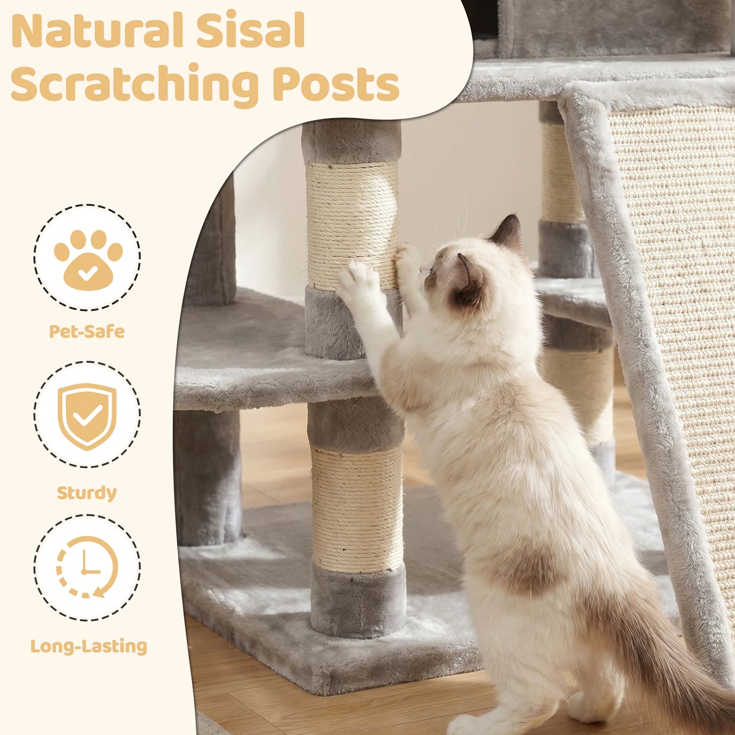 FOOWIN 173cm Multi-Level Cat Tree Tower – Indoor Activity Center with 2 Condos, 3 Plush Perches & Scratching Posts for Kittens & Cats.