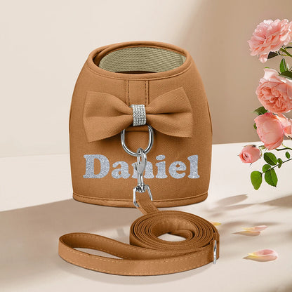 Personalized Dog Harness & Leash Set – Custom Name Pet Vest with Cute Bowtie for Small & Medium Dogs and Cats.