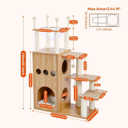 Multi-Level Wooden Cat Tree – Indoor Cat Tower with Scratching Posts, Condo, Hammock & Top Perch, Spacious Cat Scratcher & Play Center.