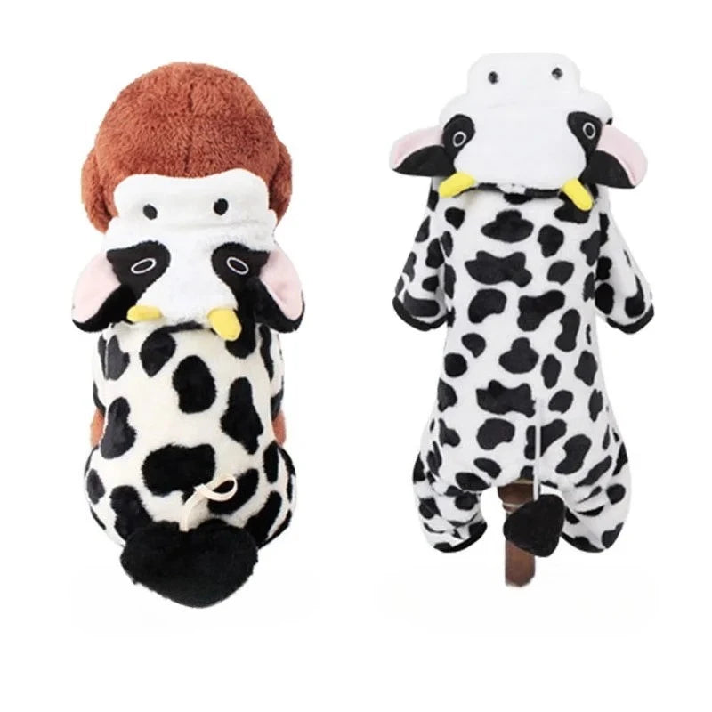 Autumn & Winter Coral Velvet Dog Outfit – Thick Warm Dinosaur or Cow Costume for Small Dogs & Puppies