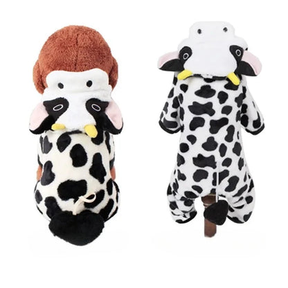 Autumn & Winter Coral Velvet Dog Outfit – Thick Warm Dinosaur or Cow Costume for Small Dogs & Puppies