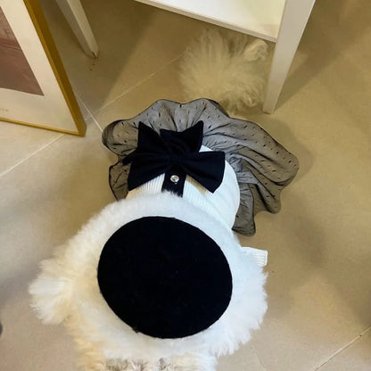 Luxury Dog Dress for Small Dogs – Summer Puppy Outfit with Bow Lace Skirt, Black & White T-Shirt Style Costume for Chihuahuas & Girls Dogs